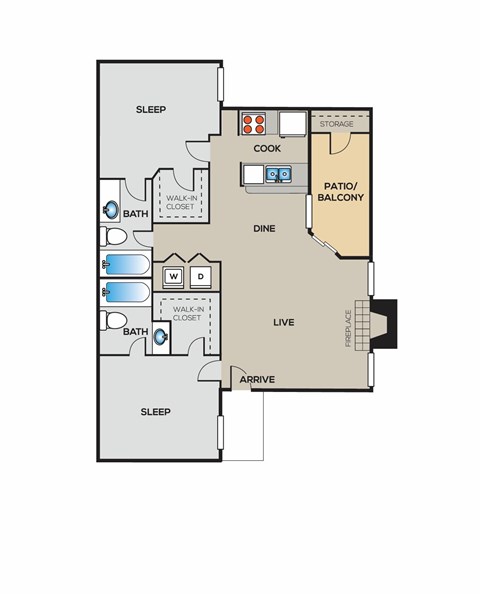 Floor plan for 2 beds, 2 baths, 925 sqft